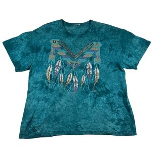 90s Vintage Boho Lynée Teal Tie Dye Feather Tee